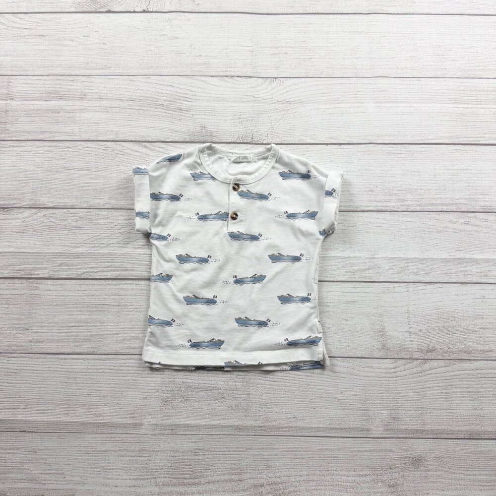 Firsts by Petit Lem Baby Henley Shirt Boat Print Short Sleeve Top 12-18 Months